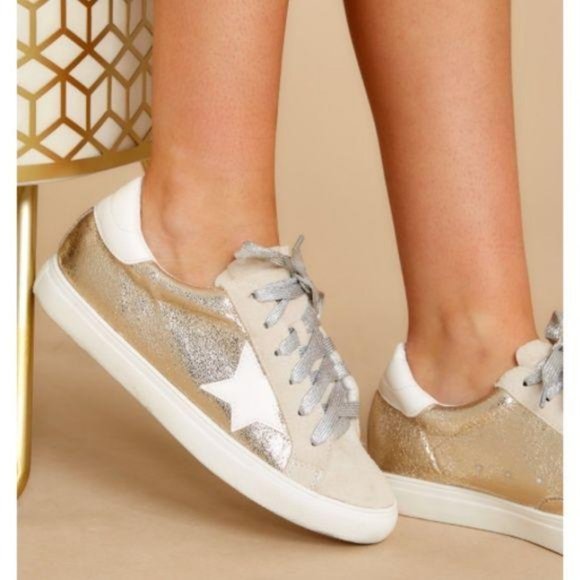 Shoes - Metallic Gold Low Top Star Sneakers